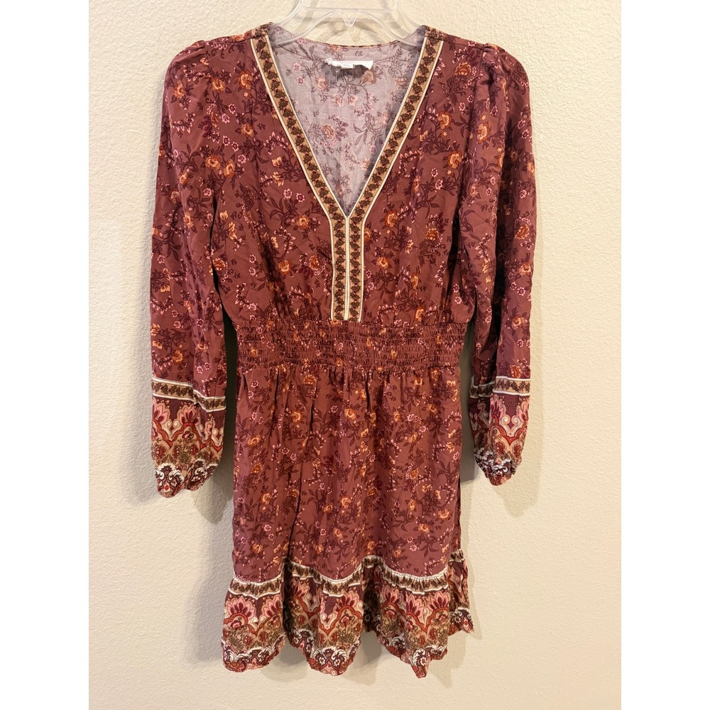 Lucky Brand Mini Dress Womens Small Terracotta Floral Smocked Boho V-Neck